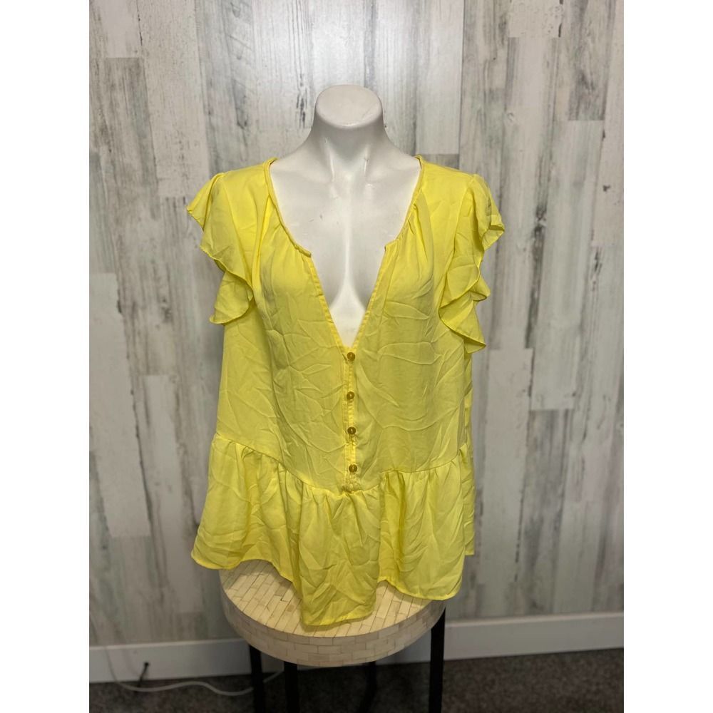 New Look Ruffle Sleeve Peplum Top Womens 2X Bright Yellow V-Neck